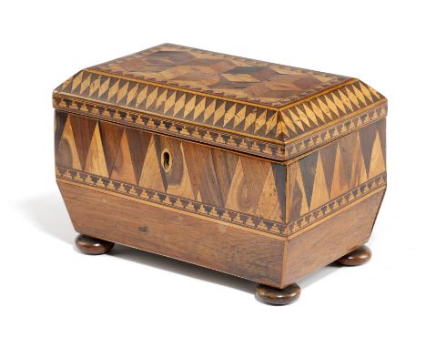 λ An early Victoria Tunbridge ware and rosewood tea caddy, of sarcophagus shape, decorated with specimen wood parquetry panel