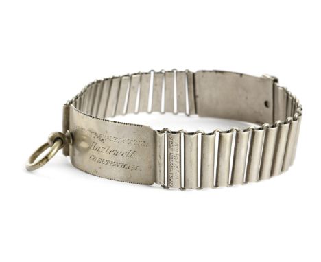 A Victorian nickel dog collar, of chain form, with dog tooth edging, inscribed 'REV. PERCY HATTERSLEY SMITH Hazlewell, CHELTE