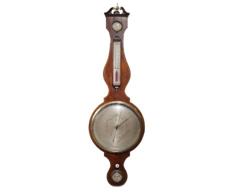 λ An 19th century mahogany wheel barometer by Clegg, the twelve inch silvered dial engraved with an urn of flowers, above a c