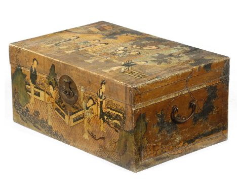 A Chinese painted vellum trunk, all over decorated with landscape scenes and courtly ladies dancing, with side carrying handl