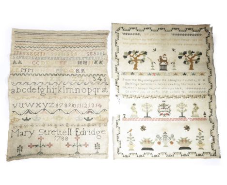Two needlework samplers, comprising: a George III example by Mary Strettell Edridge, worked with letters, numbers and the alp