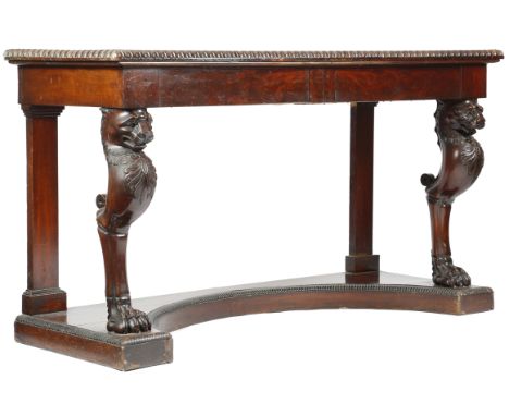 A George IV Irish mahogany console table, the rectangular top with an egg and dart moulded edge, with a compartment to the ri