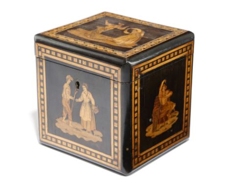 A 19th century Italian Sorrento ware macassar ebony and marquetry tea caddy, with parquetry bands and inlaid with figures in 