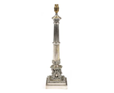 A silver plated column table lamp, the fluted stem supported by four eagles and a band of laurel leaves, on a stepped base, l