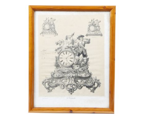 Seven French lithograph prints of clock designs, after Guillet, Ricard, and St. Ange, each titled, including: 'Beau Nicolas',