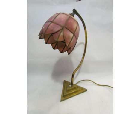 A Tiffany style table lamp foliate form pink shade triangular brass base