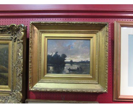 An oil on board in impressionist manner depicting river scene with boats at sunset.  24cm x 29cm in gilt frame