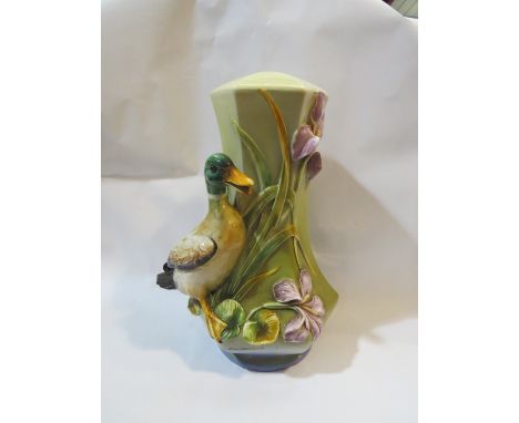 An Italian ceramic table lamp base with Mallard duck and water iris in relief, 44cm tall