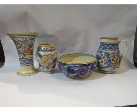 Two Poole pottery vases, a jug and fruit bowl with hairline crack (4)