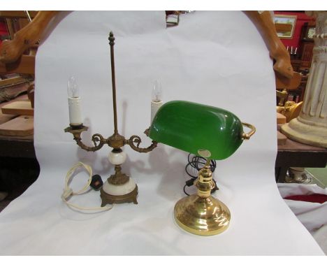 A banker's style desk lamp with green glass shade, and a brass and onyx candelabra style table lamp (2)