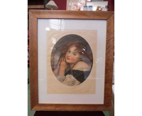 An oval portrait print of a young lady after A. Collier, framed and glazed, 38cm x 29cm