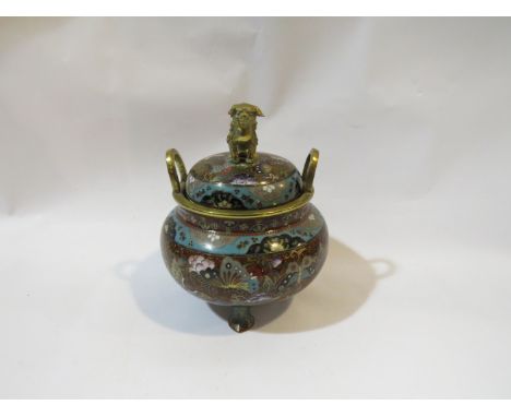 A Japanese Koro with Cloisonné enamel butterflies and flower decoration on brass with lion finial, 16.5cm tall