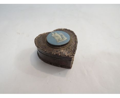 A silver heart shaped trinket box with Jasper ware plaque 