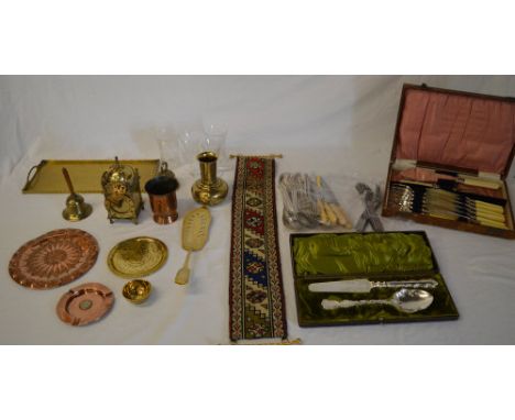 Brass and copper including a miniature electric lantern clock, tray, ashtray, various stainless steel / epns cutlery etc
