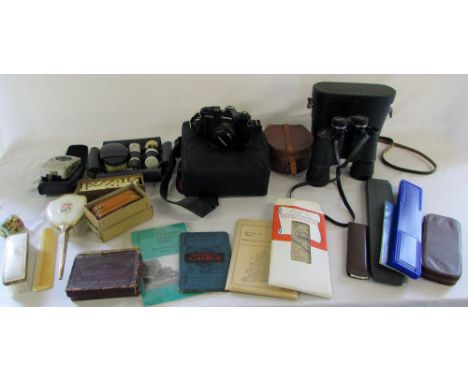 Assorted slide rules, compass, leather collar box, maps, Cosina CT1G camera with accessories, Pathescope Binoculars, Unfailin