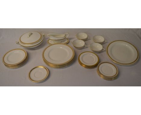 Royal Worcester 'Golden Anniversary' & Royal Doulton 'Royal Gold' part dinner service including plates, tureen, sauce boat, s