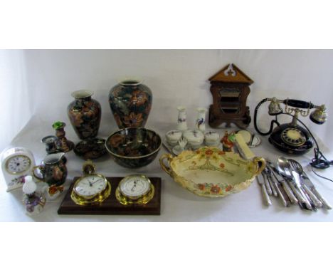 Selection of ceramics, barometer, dressing table set, telephone, mirror and silver plate (2 boxes)