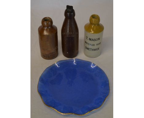 Glass plate and 3 old bottles including Schweppes, R White & Sons and T Mason, Smethwick