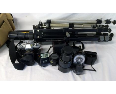 Minolta X-300 SLR camera with lenses, Lunasix 3 light meter, SLIK Shogun camera tripod with trigger head and one other tripod