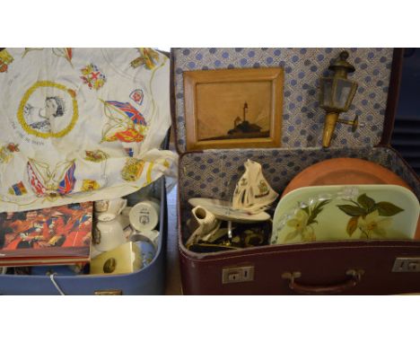2 suitcases containing various commemorative ware, carriage lamp, tray etc