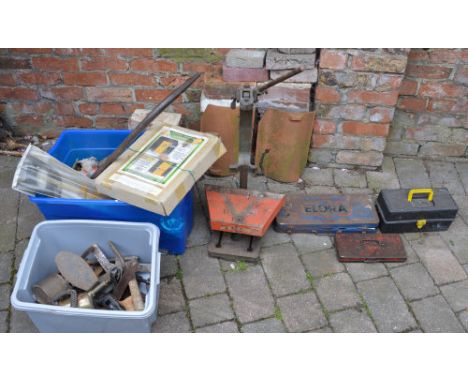 2 boxes of hand tools including a Max Sievert blow lamp, socket sets and a Wolf drill stand