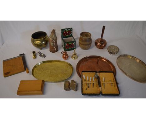 Copper and brass trays, ticket stubs, small table guillotine, brass bell etc