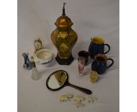 Table lamp (af) clock under dome, various jugs etc