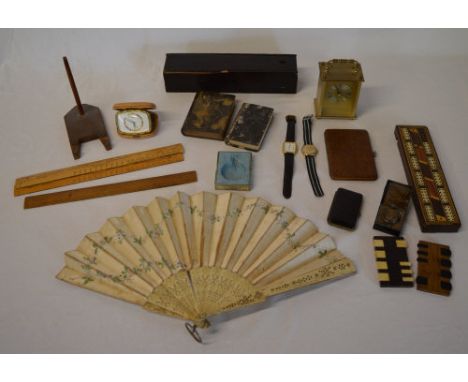Modern carriage clock, fan, rulers, travel clock, games etc