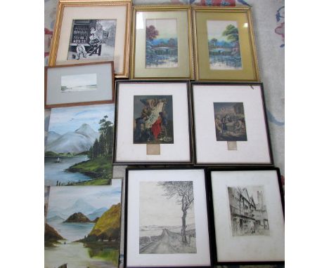 Selection of water colours and prints inc J R Brown 1943