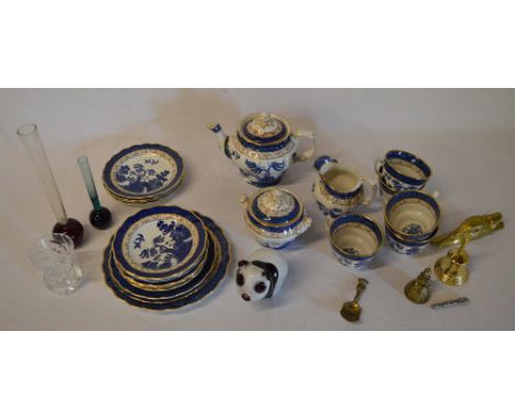 Ceramics including a Willow part tea service, glass vases, brass bells etc