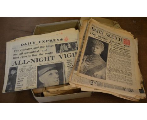 Newspaper clippings / cuttings including Daily Express 1965 with articles on Winston Churchill's funeral and the Daily Sketch