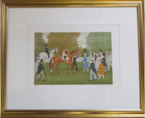 Framed lithograph of a racecourse enclosure signed in pencil 'EA' (possibly French Artists Proof) and Vincent Haddelsey (1934