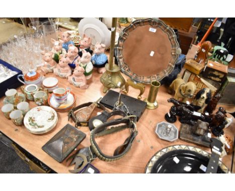 A good selection of hardware including large lock and key, Rowntree tin and game decorated copper powder flask