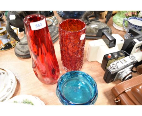 Three pieces of White friars style glass including aqua blue dish and a ruby red knobbly vase and a Geoffrey Baxter bark vase