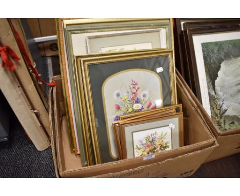 A selection of pictures and picture frames including botanical prints