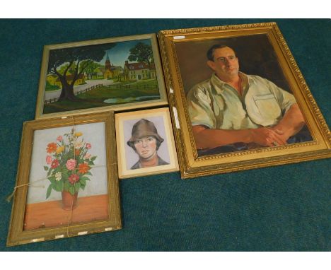 20thC School.  Portrait of a gentleman, oil on canvas, and three further pictures