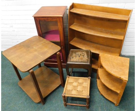 A collection of furniture, to include a mahogany glazed display cabinet, an open bow fronted bookcase, stamped CWS Ltd, an Ar