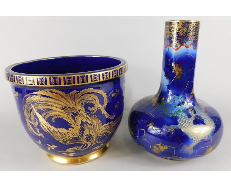 A Pearl pottery Tuscan pattern oriental style bottle shaped vase, and a Pekin ware jardiniere (2)