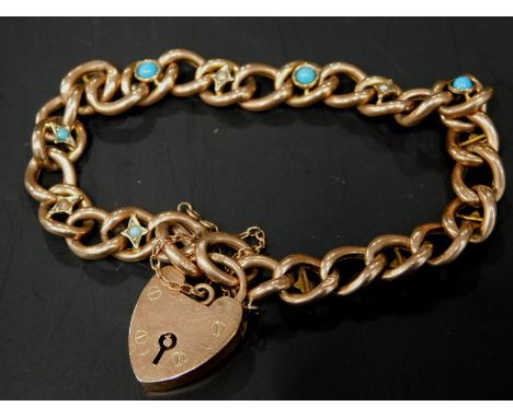 A 9ct gold turquoise and seed pearl set curb link bracelet, with padlock clasp, 10.5g all in