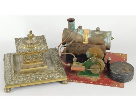 A small hobby type static engine, (AF), and a brass square section inkwell cast with leaves etc. 15cm wide