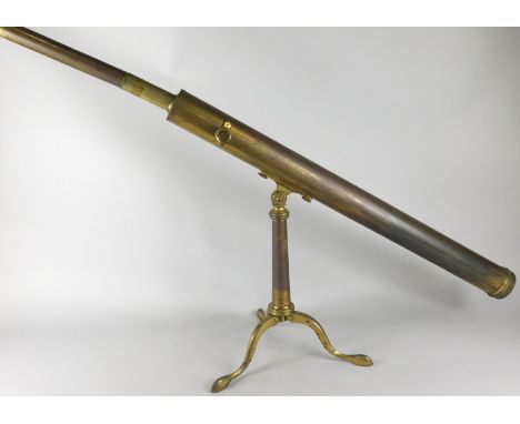 A late 19thC brass telescope, by D. Davis of Glasgow,  with hinged folding tripod attached, 86cm long