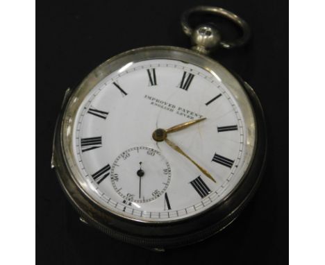 A silver pocket watch, the enamel dial stamped Improve patent English leaver, in engine turned case