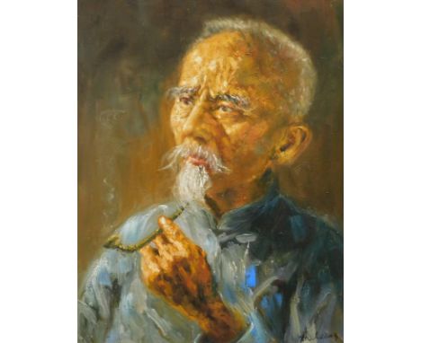 Y W Leung (20thC).  Portrait of an old man smoking a pipe, oil on canvas, signed, 59cm x 44.5cm