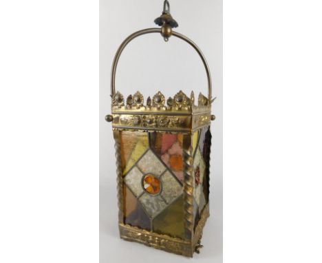 A Victorian gilt metal and stained glass square lantern, 49cm high