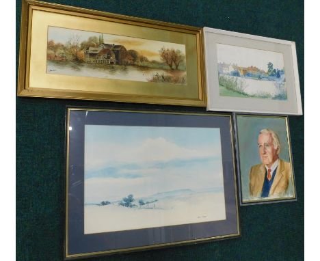 J Smith. Owsen ferry near Gainsborough, watercolour, 27cm x 40cm, a river landscape signed L Blackburn, a portrait of a gentl