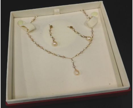 A 9ct gold pearl necklace and earring set, with three tone colour drop (boxed)
