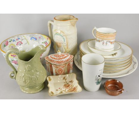 Miscellaneous porcelain, to include monochrome decorated porcelain plates, Dick Whittington beaker, relief moulded jug, Wedgw