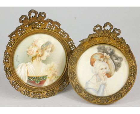 Derval.  Fashion portrait miniature, 7cm x 7cm, and another