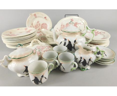 A collection of ceramics, to include a miniature Continental porcelain part tea service, printed with penguins and a pottery 