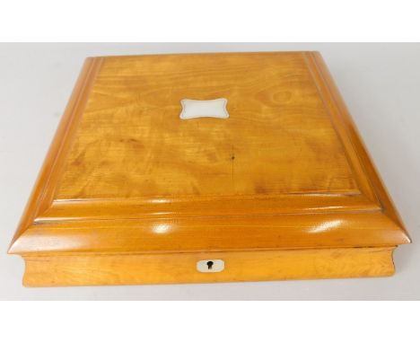 A late Victorian satinwood cutlery box, with vacant mother of pearl cartouche, etc., 29cm wide. (lacking fittings)